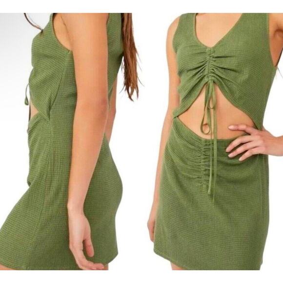 NWT Free People Laila Mini Dress Calla Green Ruched Cut Out Resortwear Large